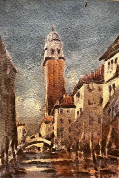 French Impressionist Watercolor Landscape Venice Bell Tower Scene
