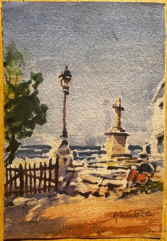 French Impressionist Watercolor Landscape Seaside Scene with Figure and Lamppost