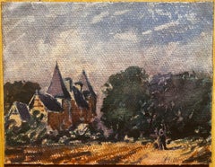 French Impressionist Watercolor Figures Taking a Stroll Around A Château