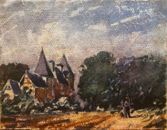 French Impressionist Watercolor Figures Taking a Stroll Around A Château