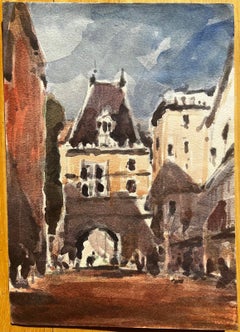 French Impressionist Watercolor Landscape Stone Archway in Quaint French Town