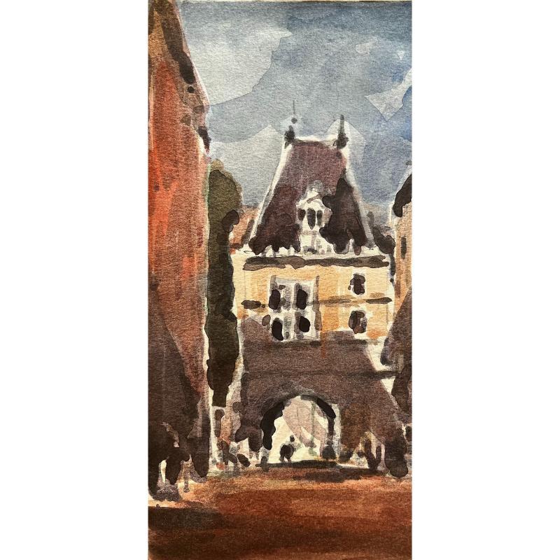 Aquarelle impressionniste française d'un paysage en pierre dans une pittoresque ville française en vente 1