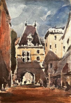 French Impressionist Watercolor Landscape Stone Archway in Quaint French Town