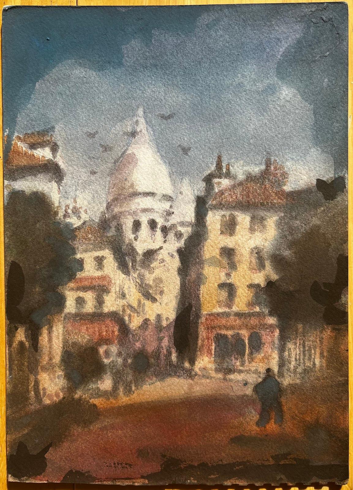 Französisch Impressionist Aquarell Landschaft Paris St Szene Sacre Coeur Montmartre