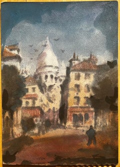 Aquarelle impressionniste française Paris Scène Sacre Coeur Montmartre