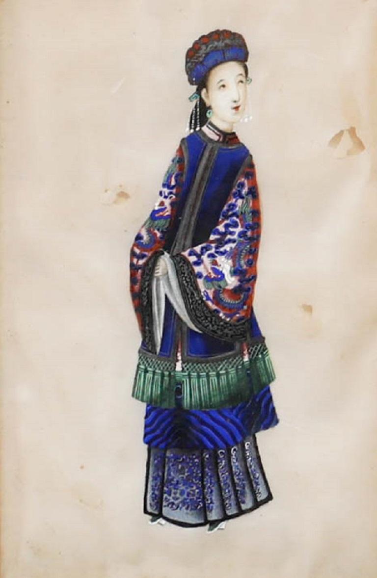 A very fine Chinese School portrait of a female courtier, beautifully executed in watercolour with further details carefully picked out in gouache. The portrait was acquired as a pair, with the companion portrait also listed for sale on our website.