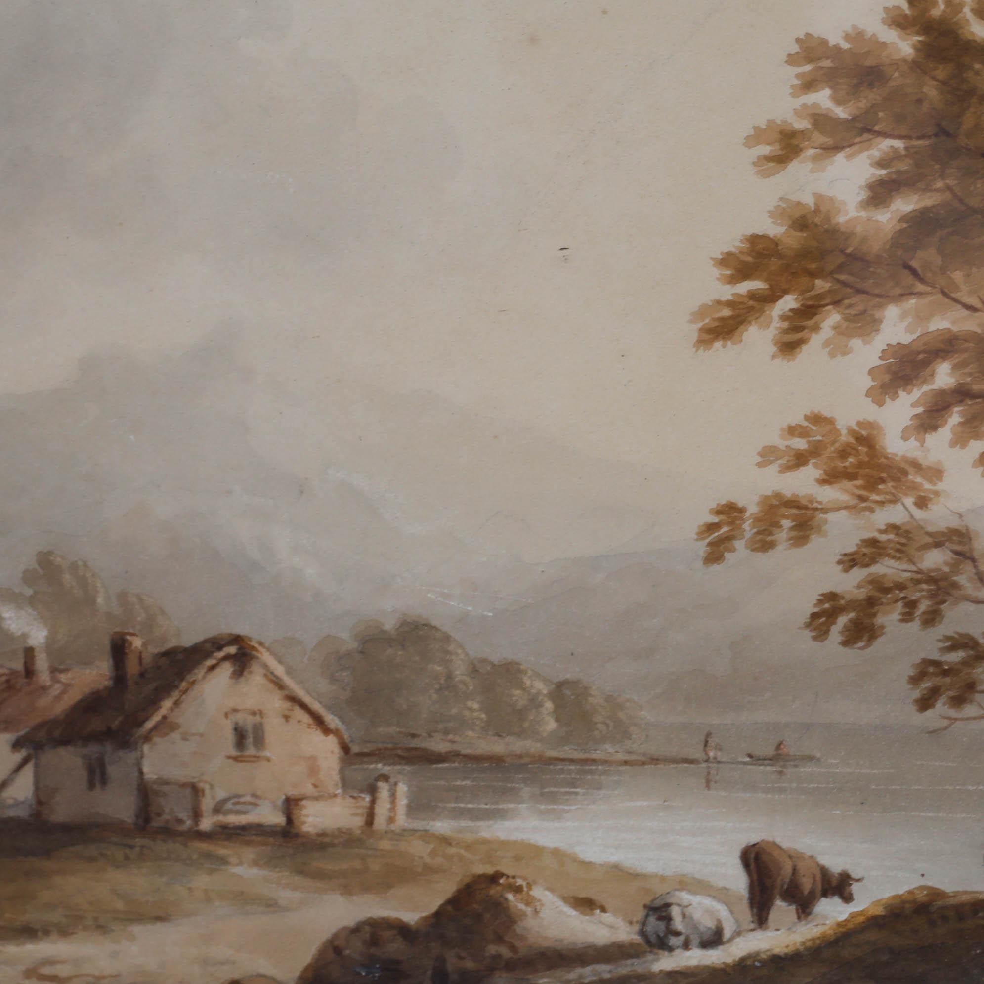 Charmante aquarelle du début du XIXe siècle représentant des habitations rurales au bord d'un lac tranquille, avec des hommes dans des bateaux et du bétail au premier plan. Présenté dans un cadre moderne à effet doré. Non signée. Sur le papier.