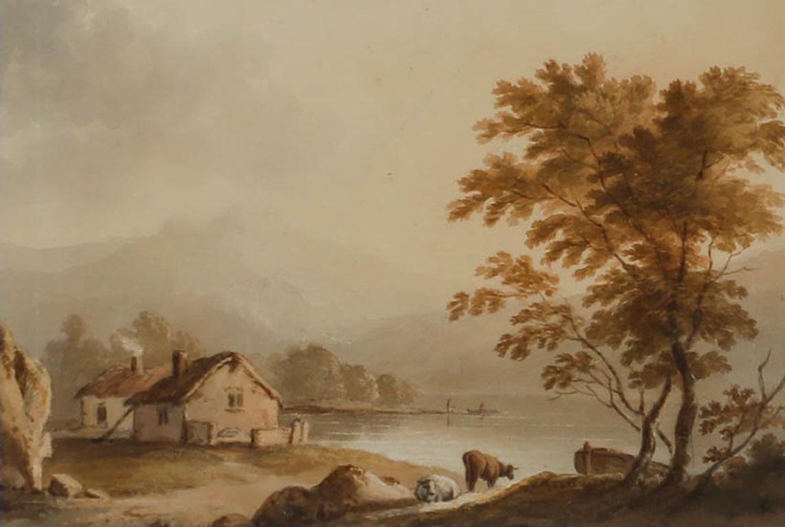 Aquarelle encadrée du début du 19e siècle - Paysage avec Dwellings - Art de Unknown