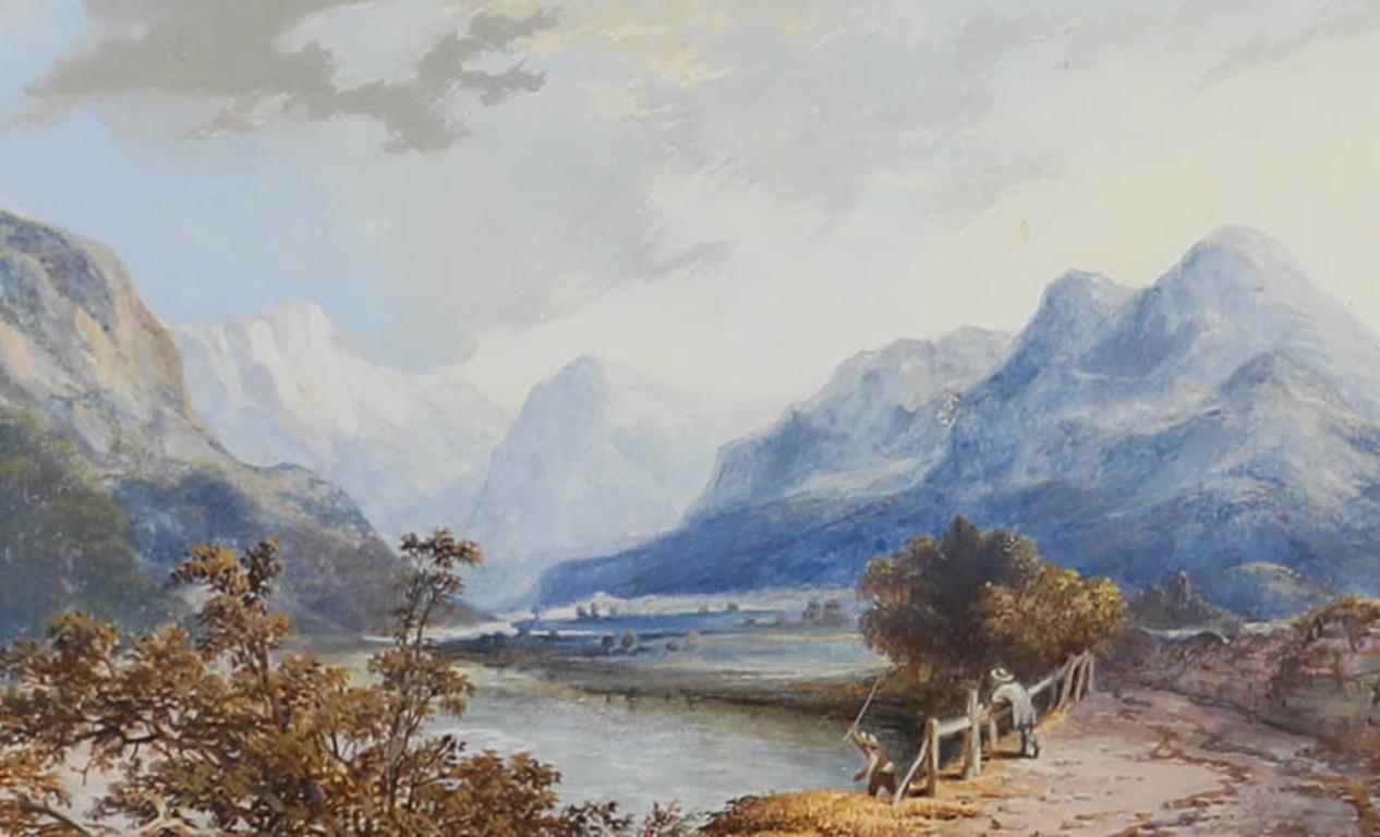 Acuarela enmarcada de finales del siglo XIX - Pesca con vista a la montaña - Art de Unknown