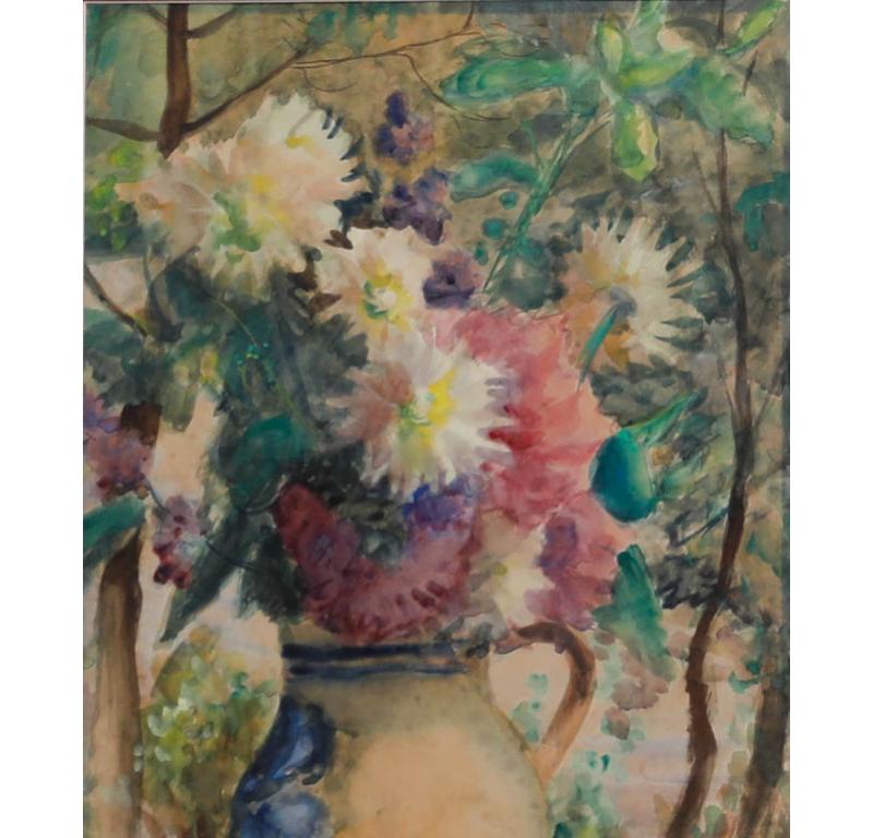 French School Mid 20th Century Watercolour - Still Life, Dahlias in a Jug - Art by Unknown