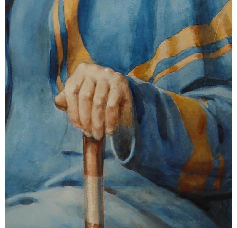 Un ritratto finemente dipinto che raffigura un gentiluomo barbuto che indossa abiti blu e oro. Senza segno. Presentato in una cornice di legno chiaro. Sulla carta.