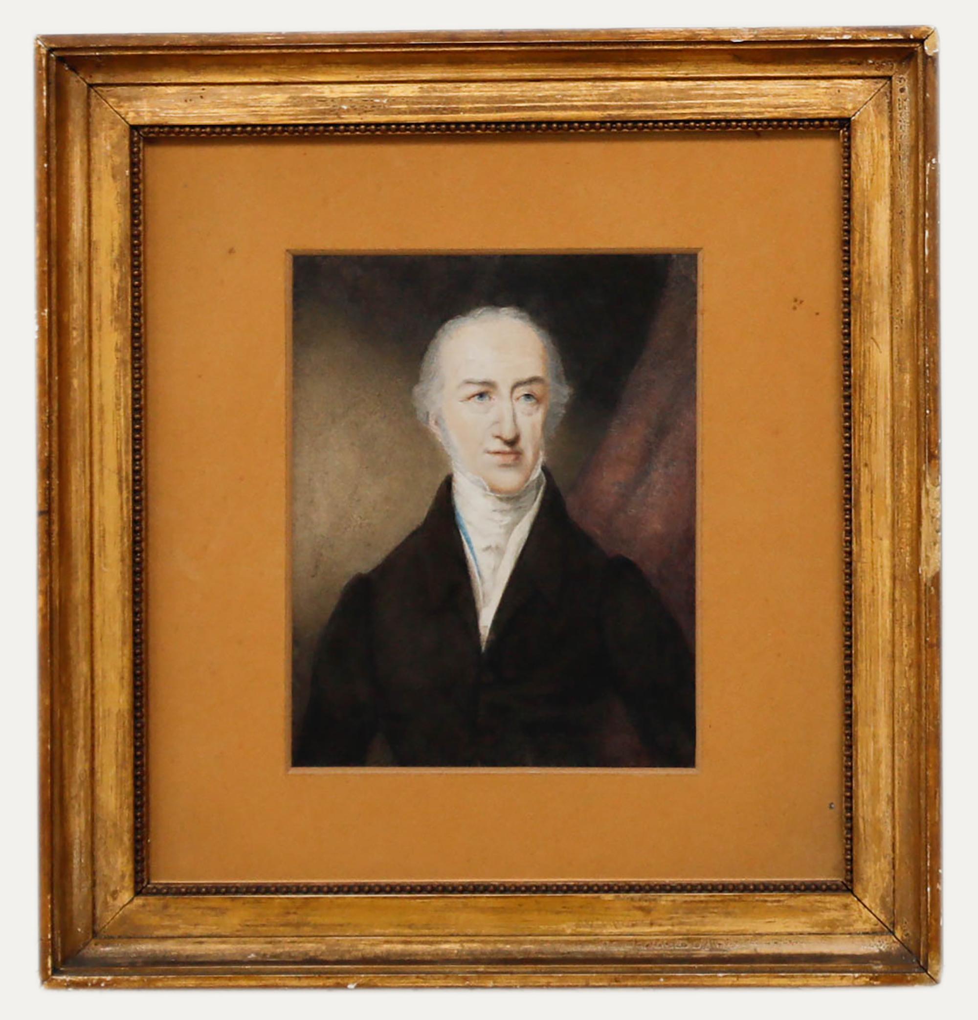 Unknown Portrait - Framed 19th Century Watercolour - Gentleman with White Cravat