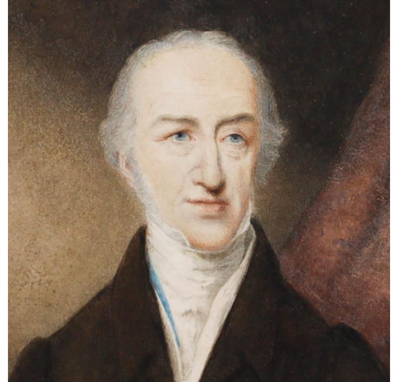A finely painted watercolour portrait of a 19th century gentleman wearing a tailored black suit with white cravat. Presented in a gilt frame with bead course. Unsigned. On paper.