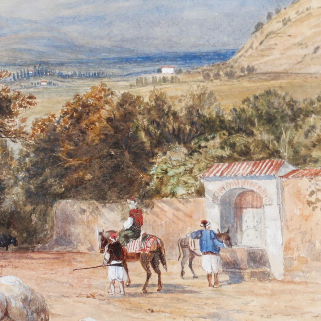 A wonderfully detailed late 19th century watercolour depicting a picturesque North African landscape with figures and horses to the foreground. Unsigned. Well-presented in a gilt-effect frame with new card mount. On paper.