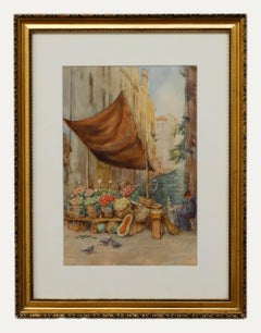 Acuarela de la Escuela Italiana de principios del siglo XX - Mercado del Canal de Venecia