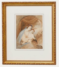 Antique 1840 Watercolour - Madonna and Child