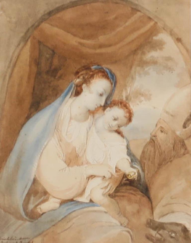 Aquarell aus dem Jahr 1840 – Madonna und Kind – Art von Unknown