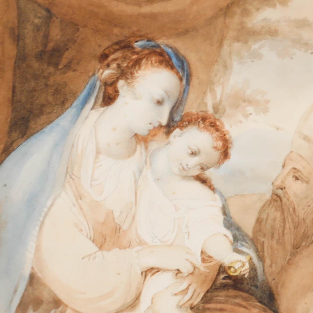 Eine schöne Aquarelldarstellung der Madonna mit Kind und anbetendem Maji und einem Wildschwein. Gemalt in Paris 1940. Unten links beschriftet. Präsentiert in einem vergoldeten Rahmen mit einem Blattmotiv. Auf dem Papier.