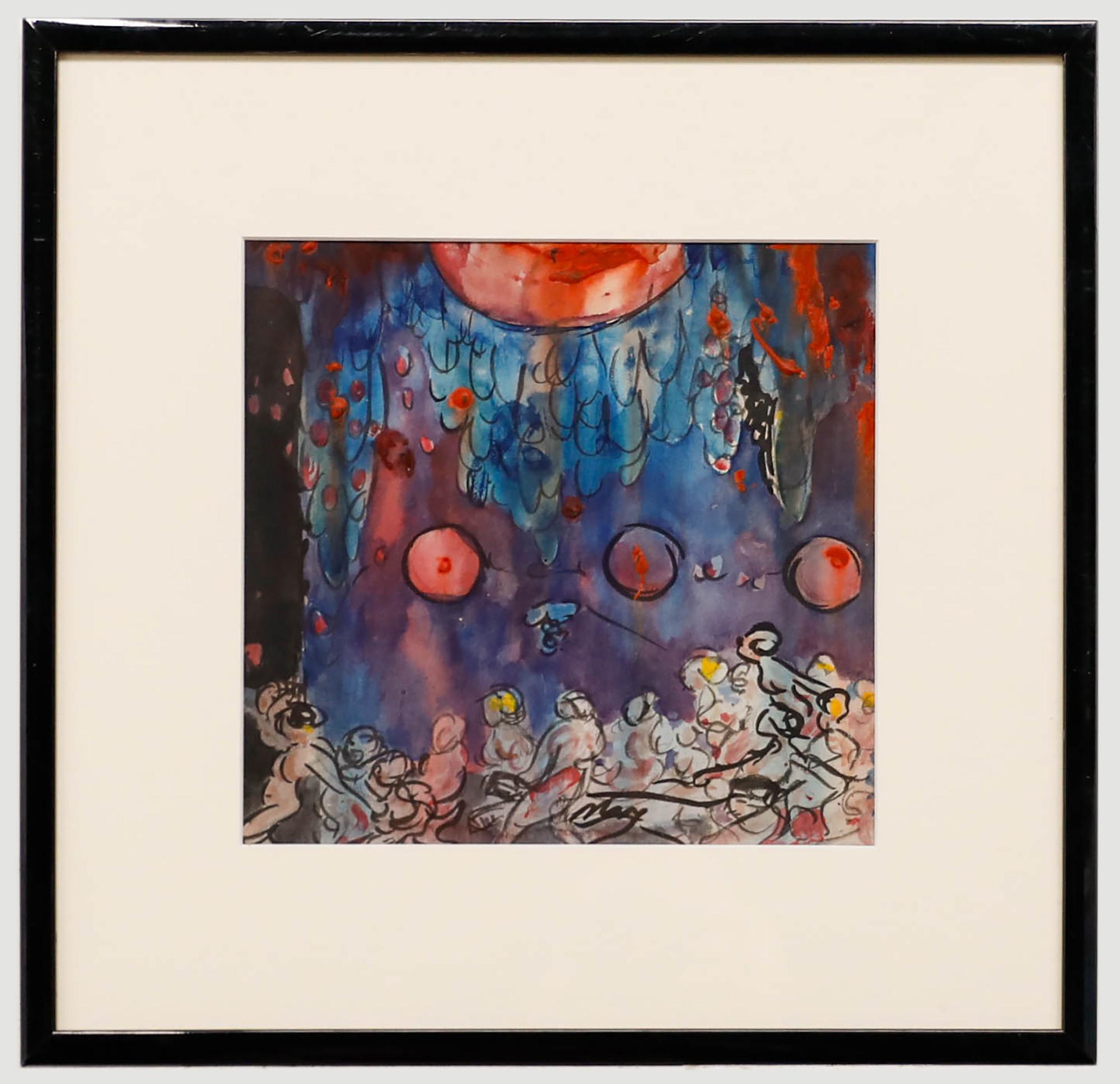 Gerahmtes Aquarell des 20. Jahrhunderts – Ein Theatralisches Set-Design