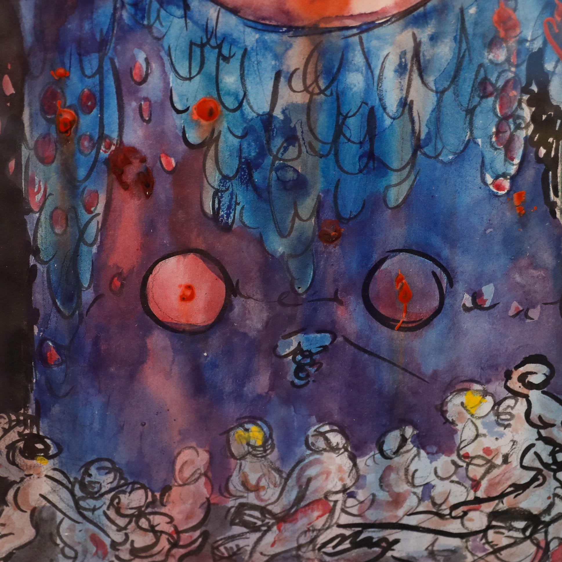 Une aquarelle vibrante et une esquisse à l'encre d'un décor de théâtre rempli de personnages. Bien présenté dans un cadre noir brillant. Non signée. Sur le papier.