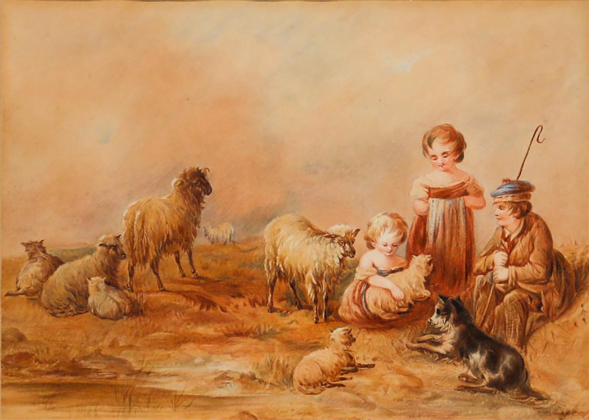 Acquerello della metà del XIX secolo - Bambini con pecore - Art di Unknown