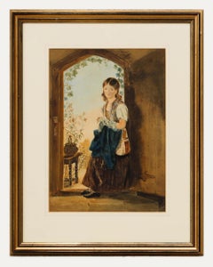 Aquarelle de l'English School du 19e siècle - Jeune fille dans l'embrasure d'une porte