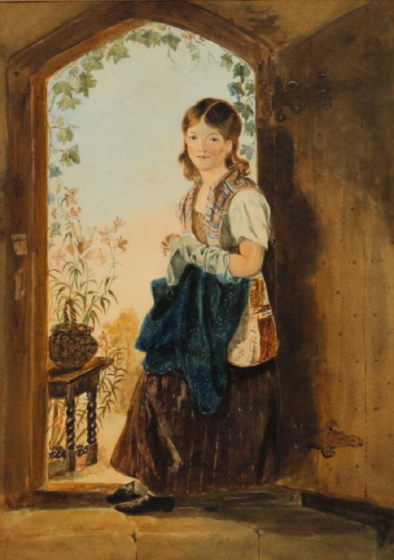 English School 19th Century Watercolour - Girl in the Doorway - Art by Unknown