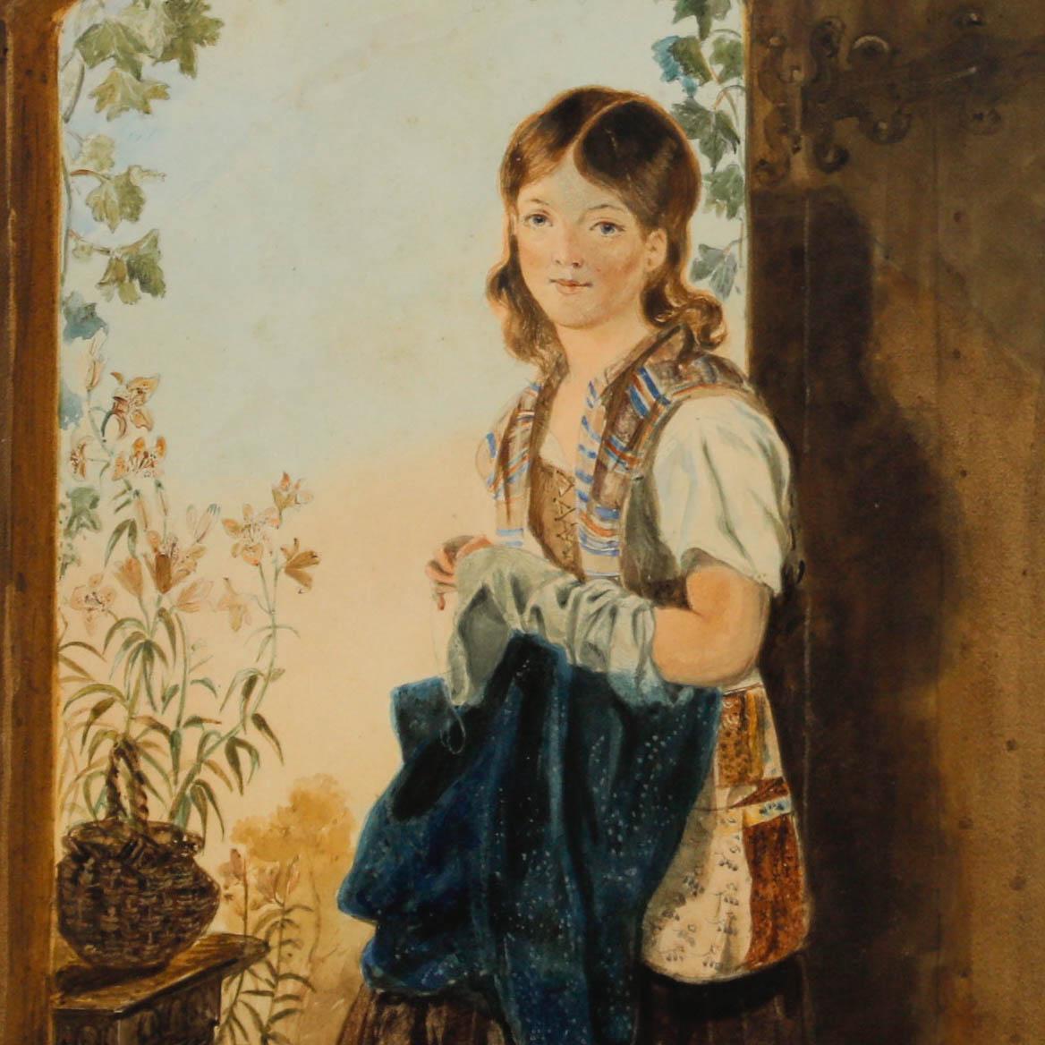 A very fine watercolour study of a pretty young girl in a cottage doorway. She holds her needlework and gazes at the viewer. Well presented in a gilt effect frame. Unsigned. On paper.