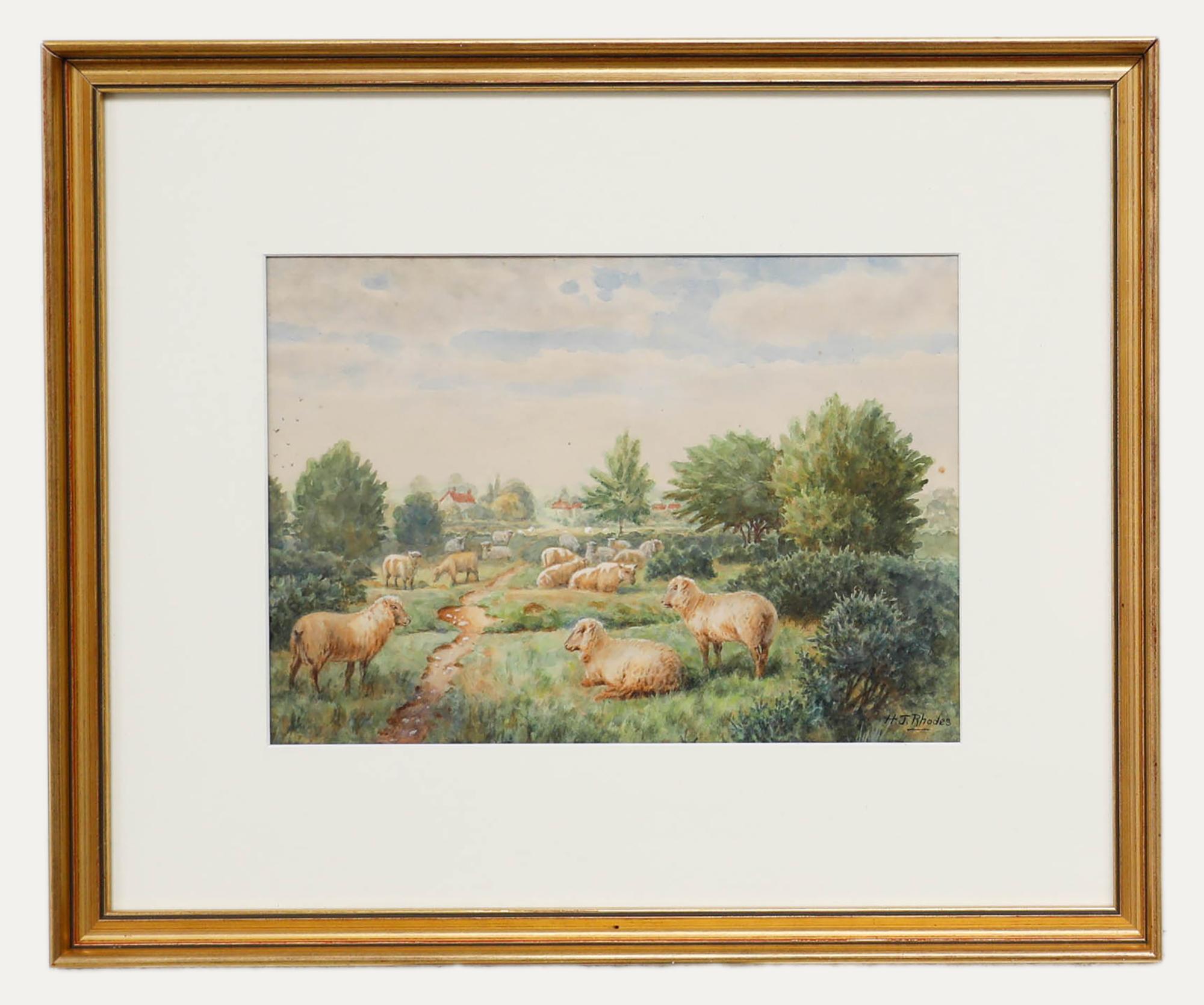 Unknown Landscape Art - Henry J. Rhodes - Framed Late 19th Century Watercolour, Sheep on Mitcham Common