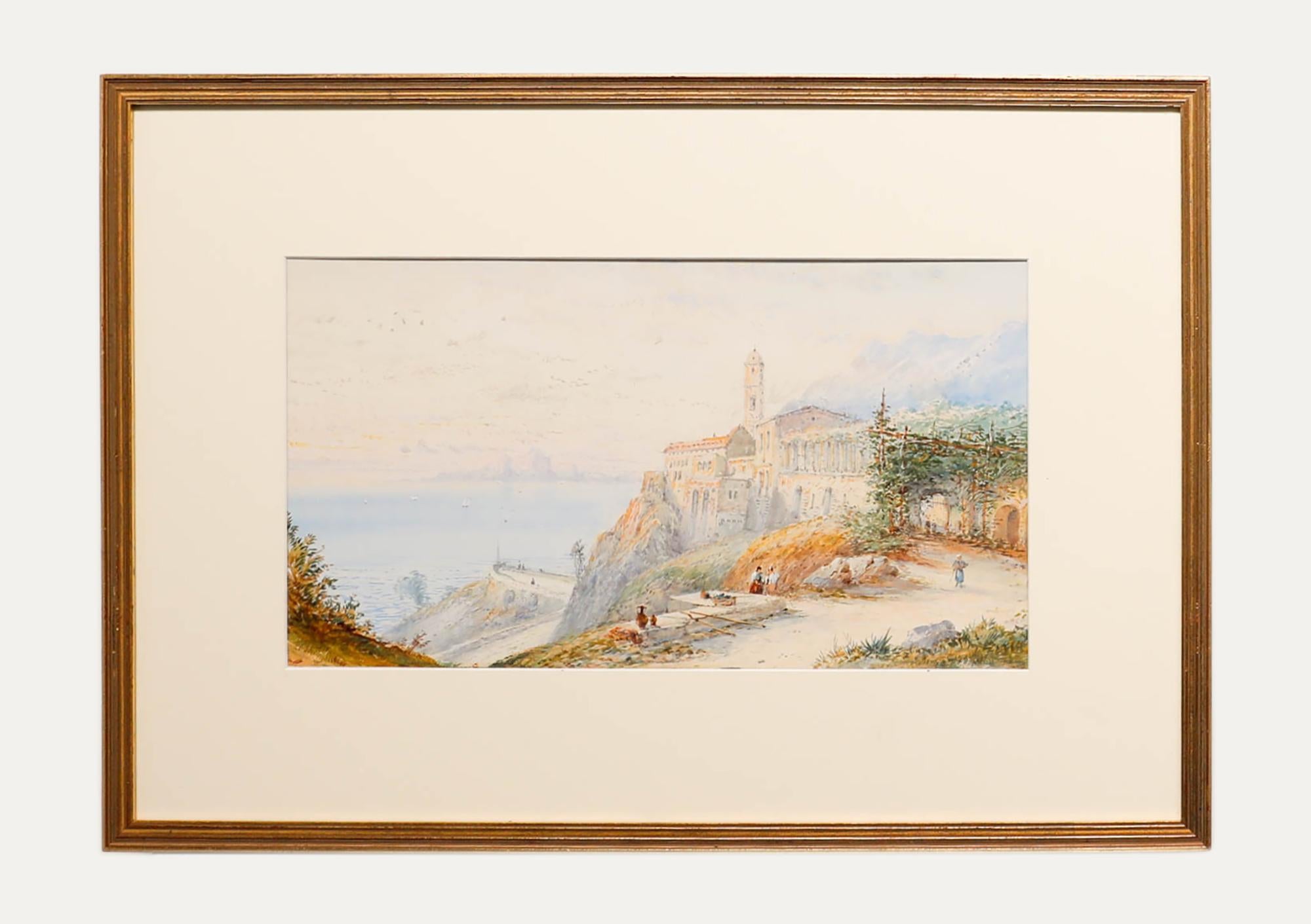 Edwin St John (1878-1961), aquarelle, église sur la côte méditerranéenne