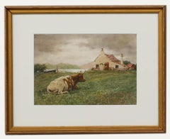 John Robert Keitley Duff RI (1862-1938)- Acuarela enmarcada, Vaca junto a la cabaña