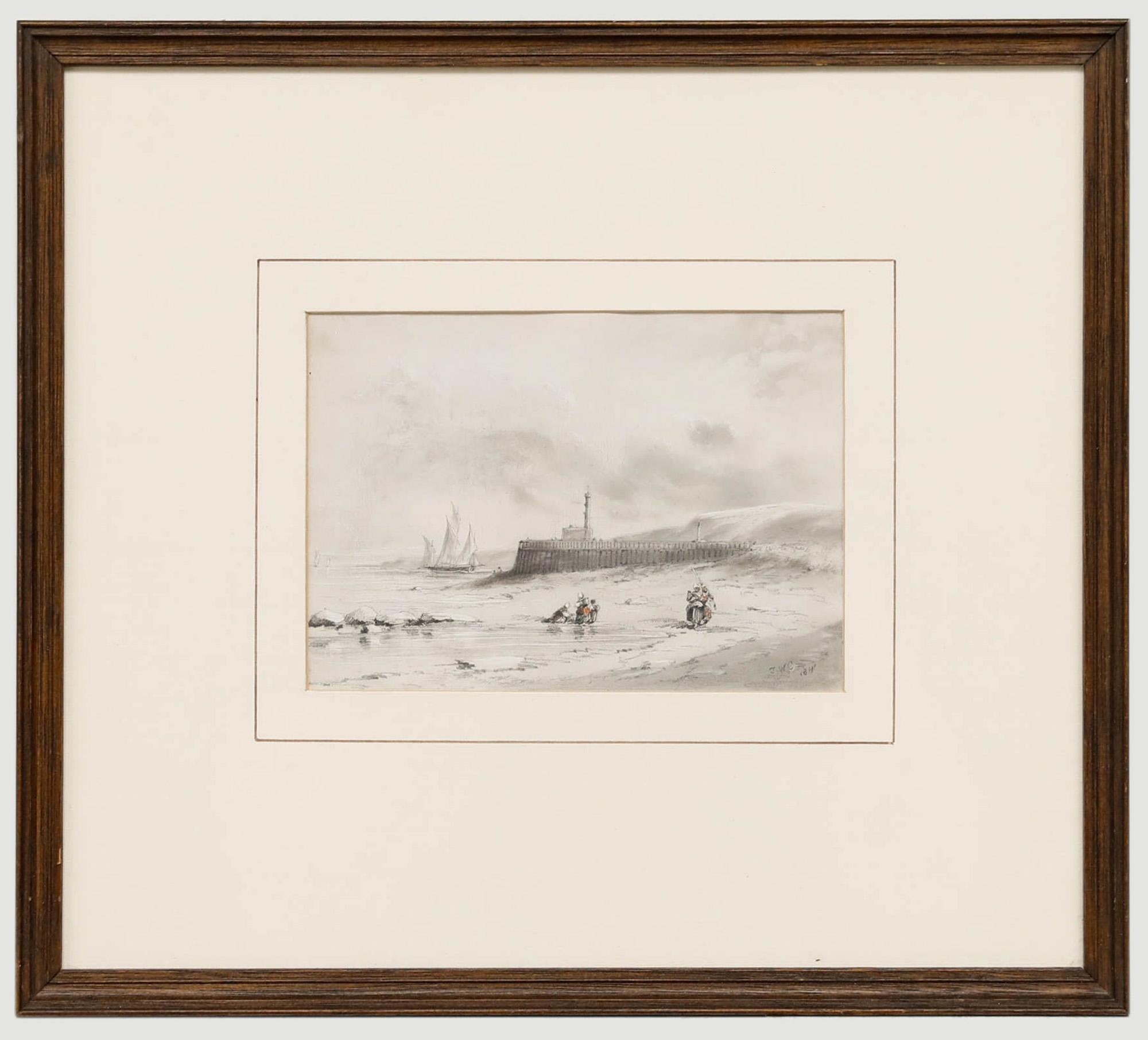 Figurative Art de John Wilson Carmichael - John W. Carmichael (1800-1868) - Dibujo en grafito, Recolectores de mejillones en la orilla