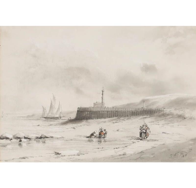 John W. Carmichael (1800-1868) - Dibujo en grafito, Recolectores de mejillones en la orilla - Art de John Wilson Carmichael