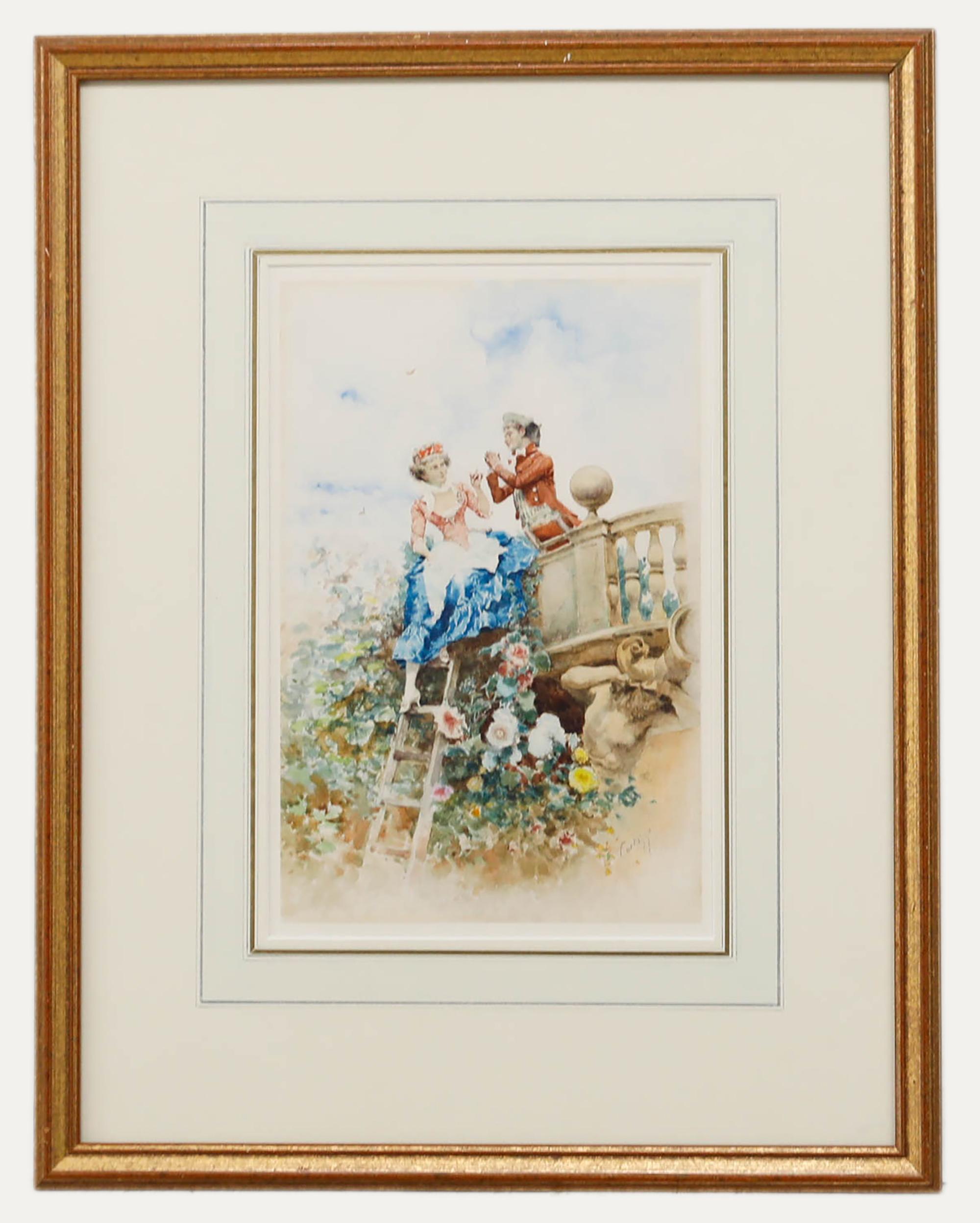 Oreste Cortazzo (1836-1910) – Französisches Aquarell des 19. Jahrhunderts, Ein Garten Tryste
