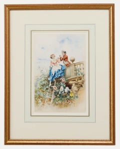 Oreste Cortazzo (1836-1910) - Acuarela francesa del siglo XIX, Un tryste de jardin