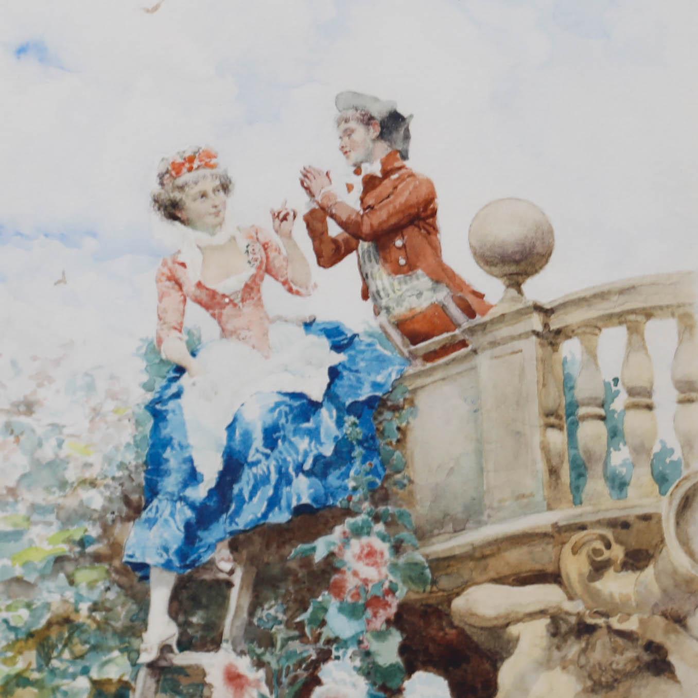 Une aquarelle exquise de l'artiste français d'origine italienne Oreste Cortazzo (1836-1910). La scène dépeint un adieu romantique entre deux amoureux. Signé en bas à droite. Monté élégamment dans un cadre à effet doré. Sur papier aquarelle.