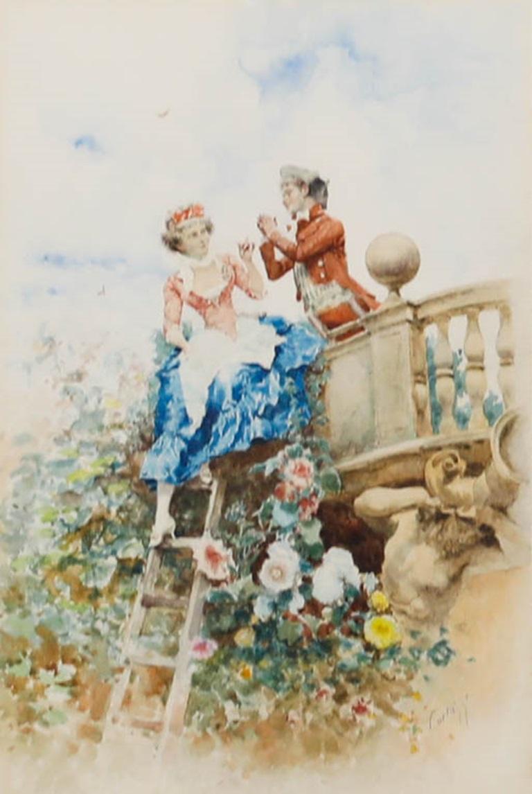 Oreste Cortazzo (1836-1910) - Aquarelle française du 19e siècle, Une Tryste de jardin - Art de Unknown