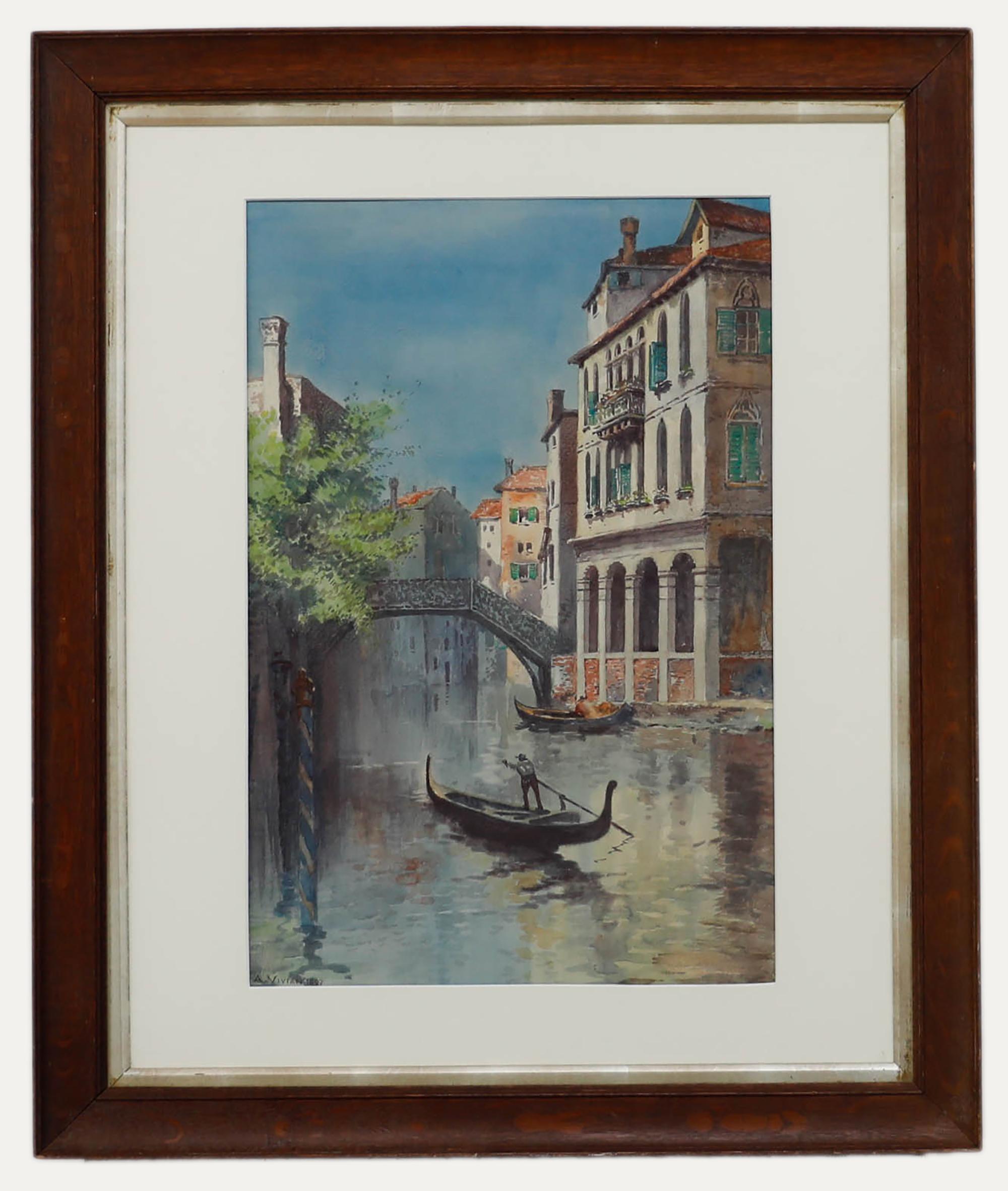 Gerahmtes Aquarell des späten 19. Jahrhunderts von A. Vivian, venezianisches Wasserstraße mit Gondel, gerahmt