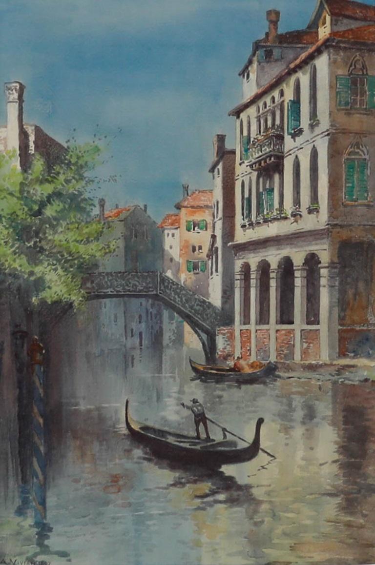 A. Vivian - Acuarela enmarcada de finales del siglo XIX, Vía navegable veneciana con góndola - Art de Unknown
