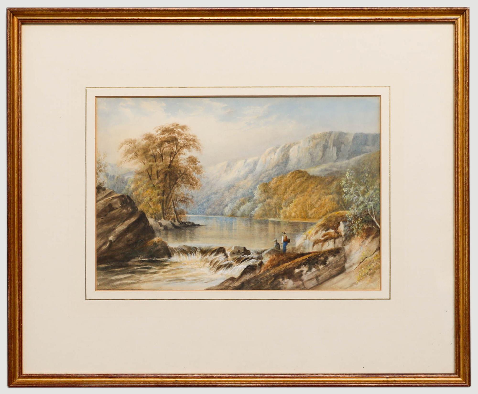 Attrib. Cornelius Pearson (1805-1891) - Watercolour, Two fishermen by a Weir