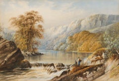 Attrib. Cornelius Pearson (1805-1891) - Watercolour, Two fishermen by a Weir