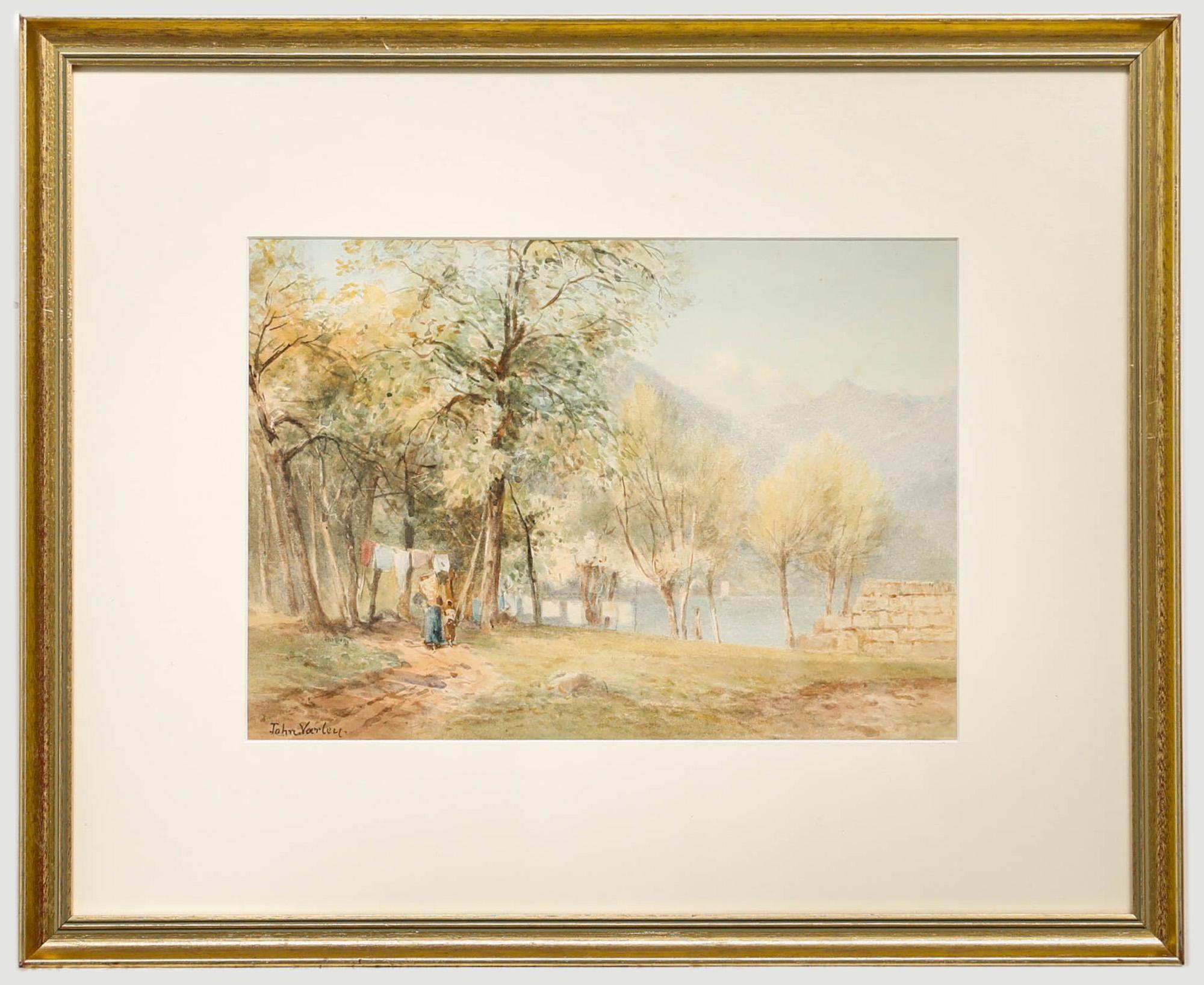Aquarelle originale. Fin du Lago Maggiore près de Locarno. Présenté dans un cadre à effet doré avec une monture blanche impeccable. Signé en bas à gauche. Sur le papier.