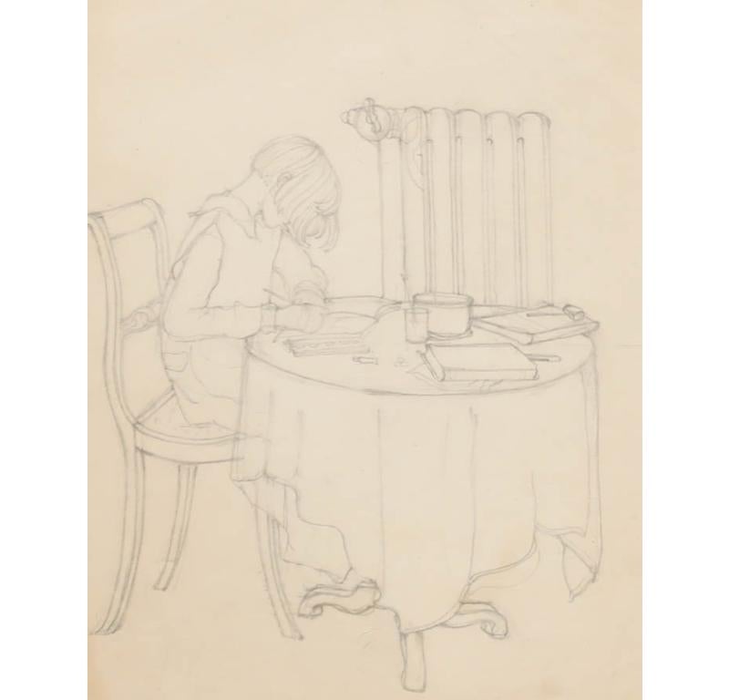 Brynhild Parker (1907-1987) - Drawing Graphite, Jeune fille dessinant à une table - Art de Unknown