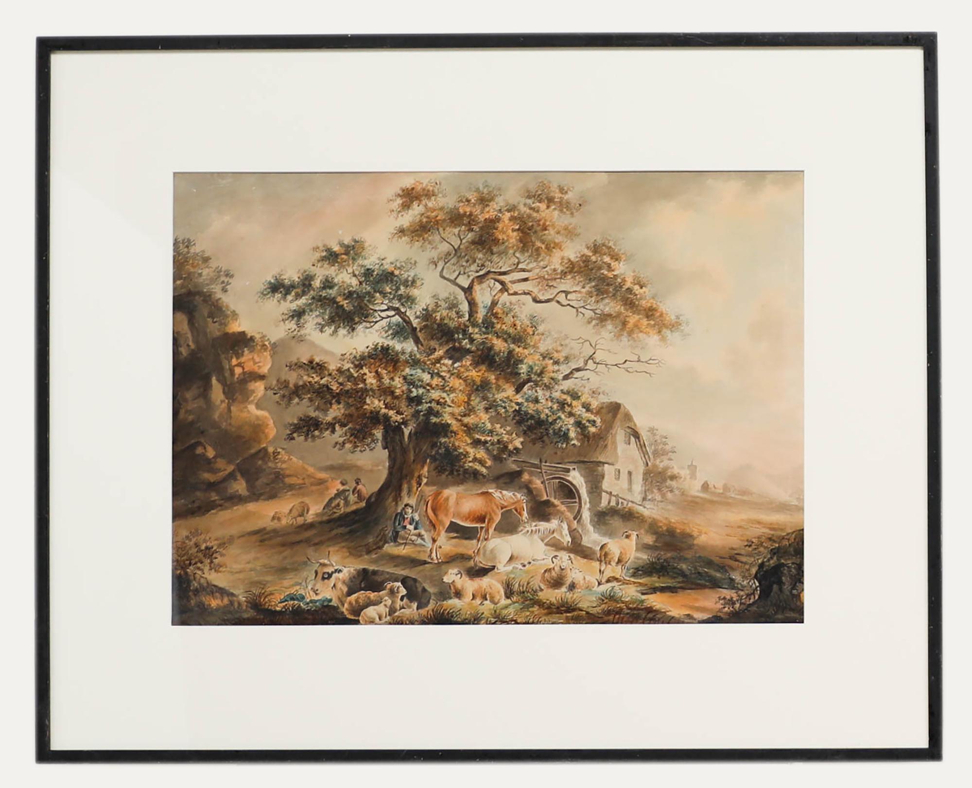Landscape Art di Unknown - Circolo di Peters Le Cave (1769-1816) - Acquerello, Un contadino e il suo bestiame
