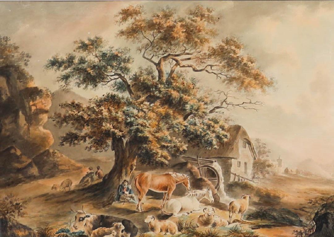 Circolo di Peters Le Cave (1769-1816) - Acquerello, Un contadino e il suo bestiame - Art di Unknown
