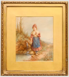 Edith Hume (1843-1906) - Acuarela de 1870, Pescadora recogiendo agua