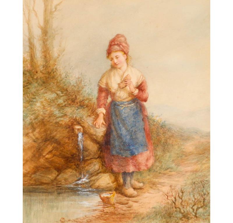 Edith Hume (1843-1906) - 1870 Watercolour, Fisherwoman Collecting Water - Art by Unknown