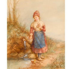 Edith Hume (1843-1906) - 1870 Watercolour, Fisherwoman Collecting Water