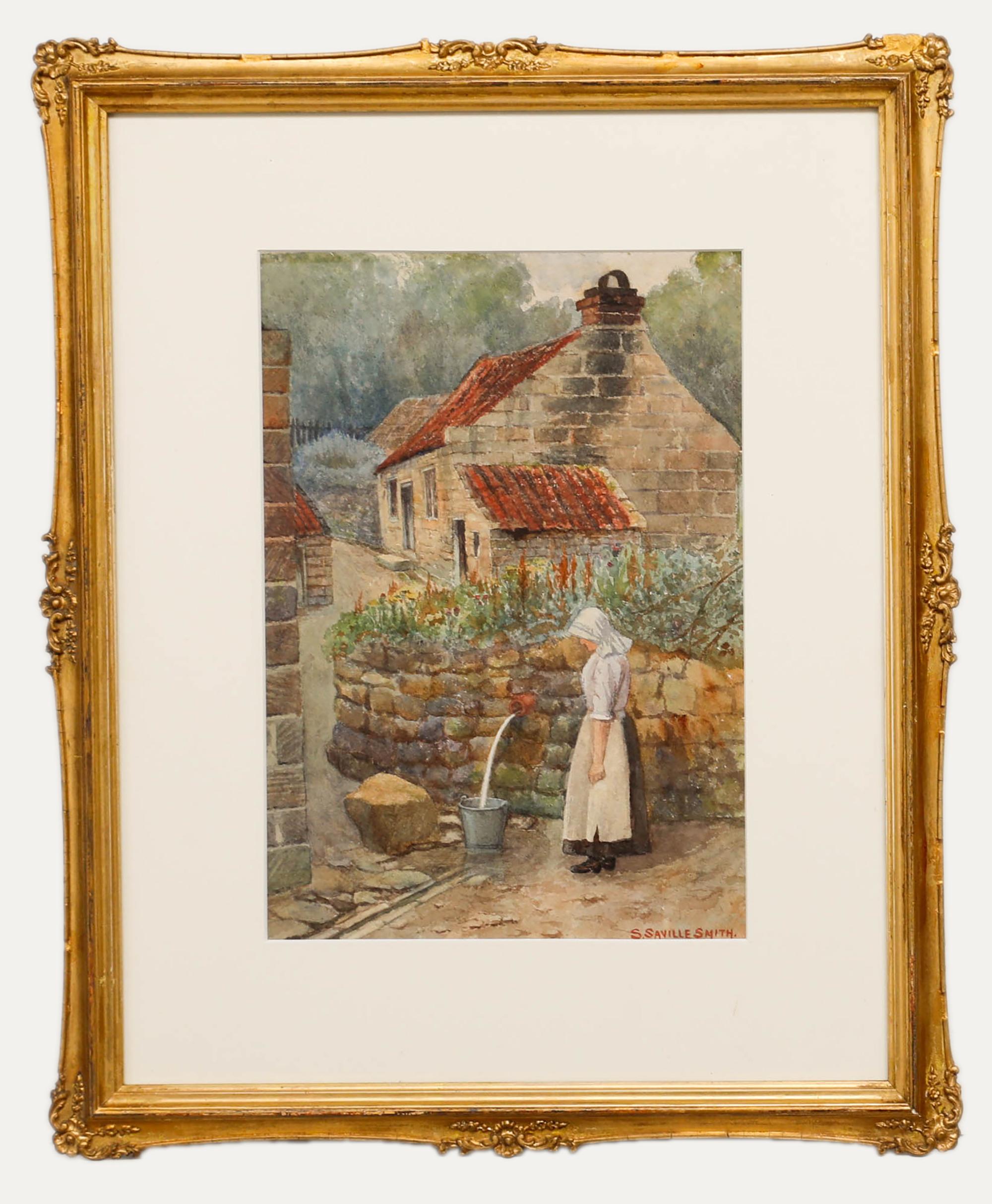S. Saville Smith - Acuarela enmarcada de finales del siglo XIX, Fetching Water
