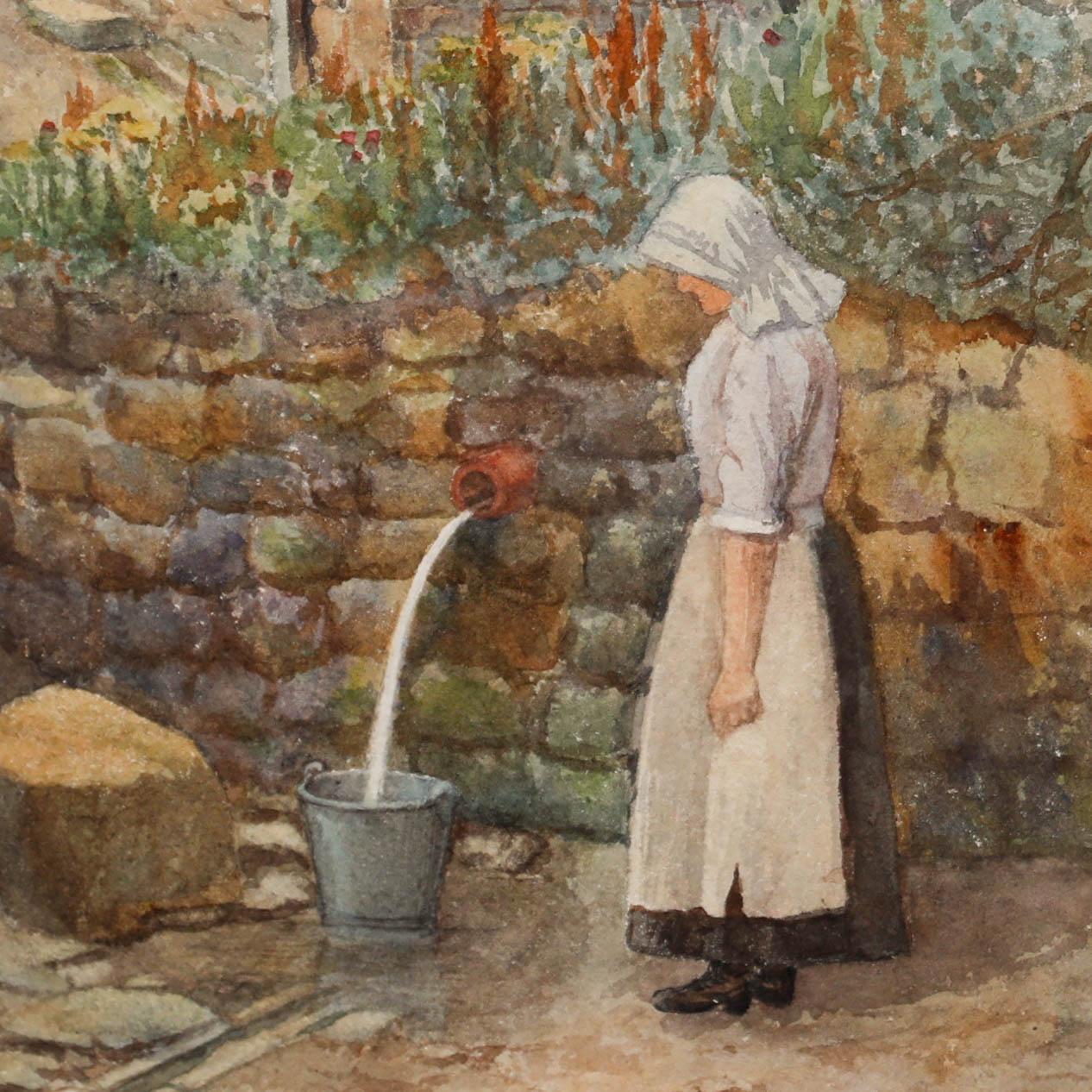 S. Saville Smith - Acuarela enmarcada de finales del siglo XIX, Fetching Water - Figurative Art Beige de Unknown